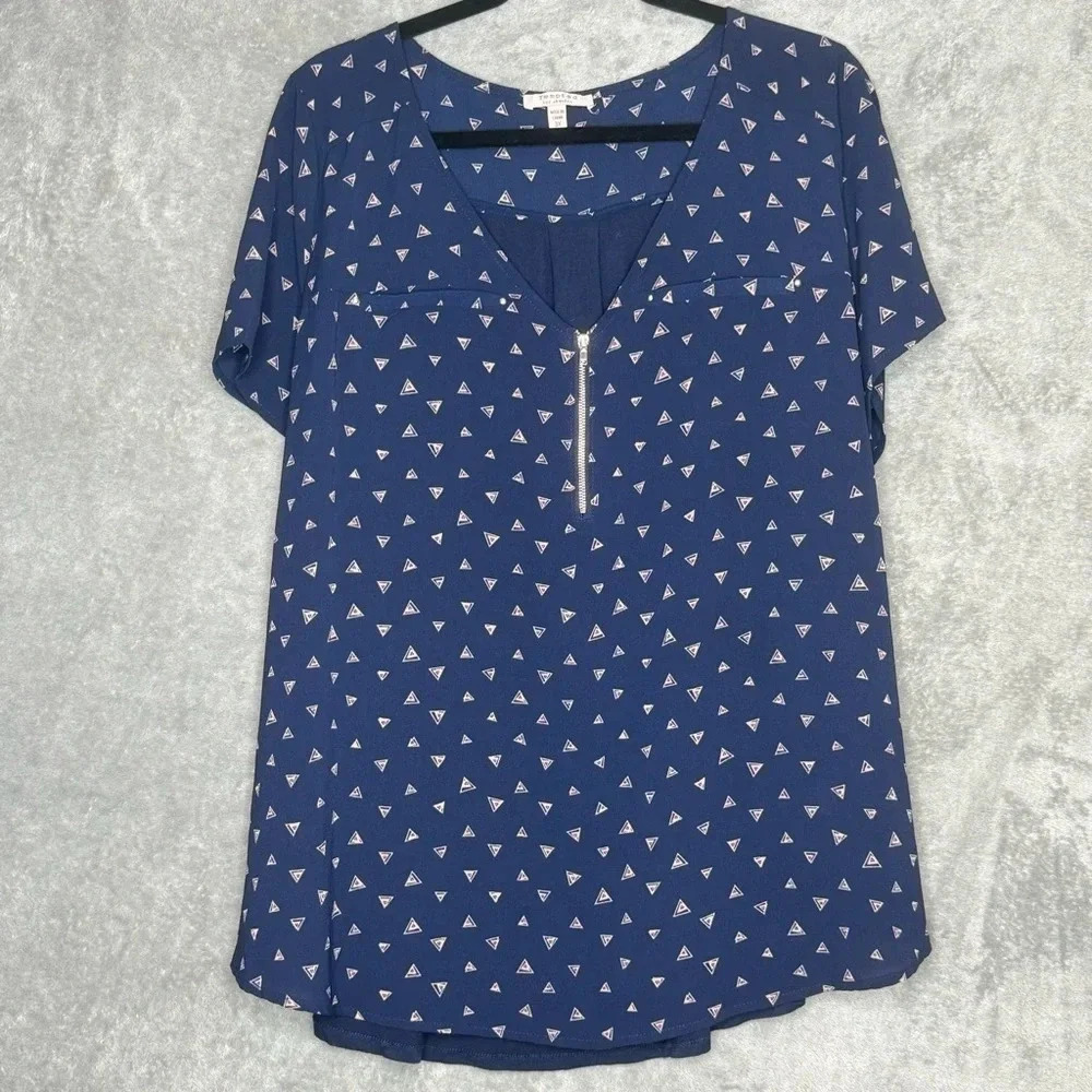 Tempted 3X Shirt Top Blue Pink Geometric Short Sleeve Zip V Neck Stretch Womens